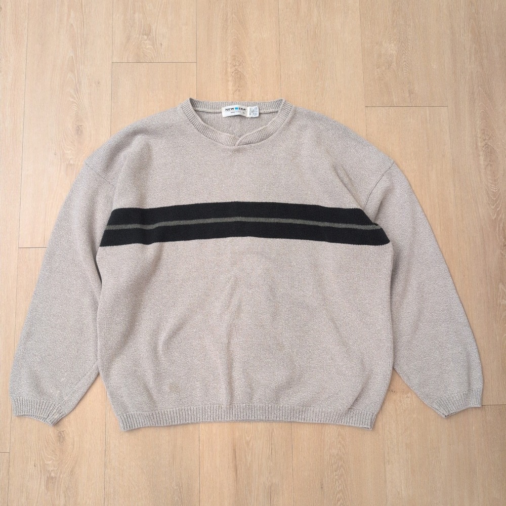 Vintage New Era Mens XL Sweater Beige Cotton Striped Crewneck Made in USA 90s